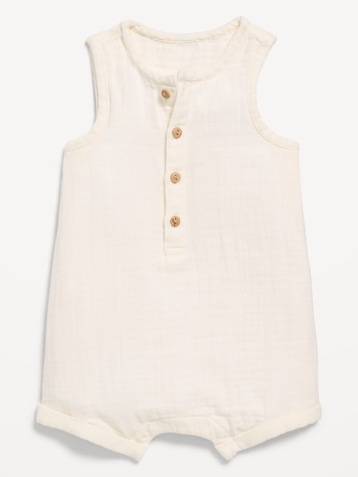 Image number 2 showing, Sleeveless Double-Weave Henley One-Piece Romper for Baby