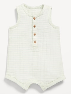 Sleeveless Double-Weave Henley One-Piece Romper for Baby
