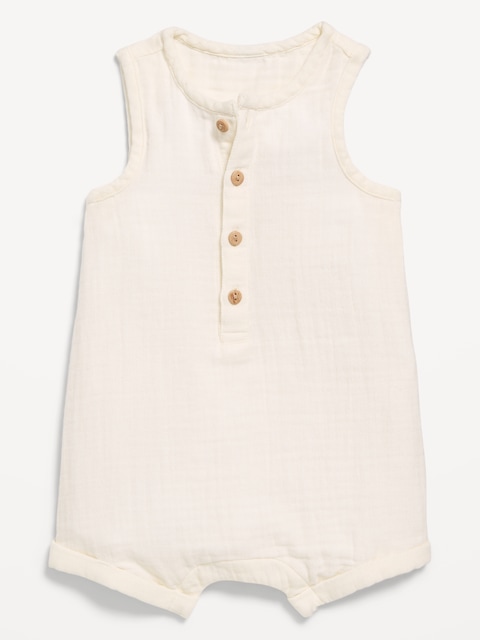 Sleeveless Double-Weave Henley One-Piece Romper for Baby