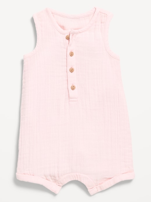 Image number 1 showing, Sleeveless Double-Weave Henley One-Piece Romper for Baby