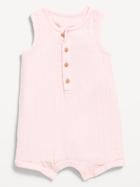 Sleeveless Double-Weave Henley One-Piece Romper for Baby