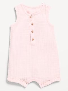 Sleeveless Double-Weave Henley One-Piece Romper for Baby