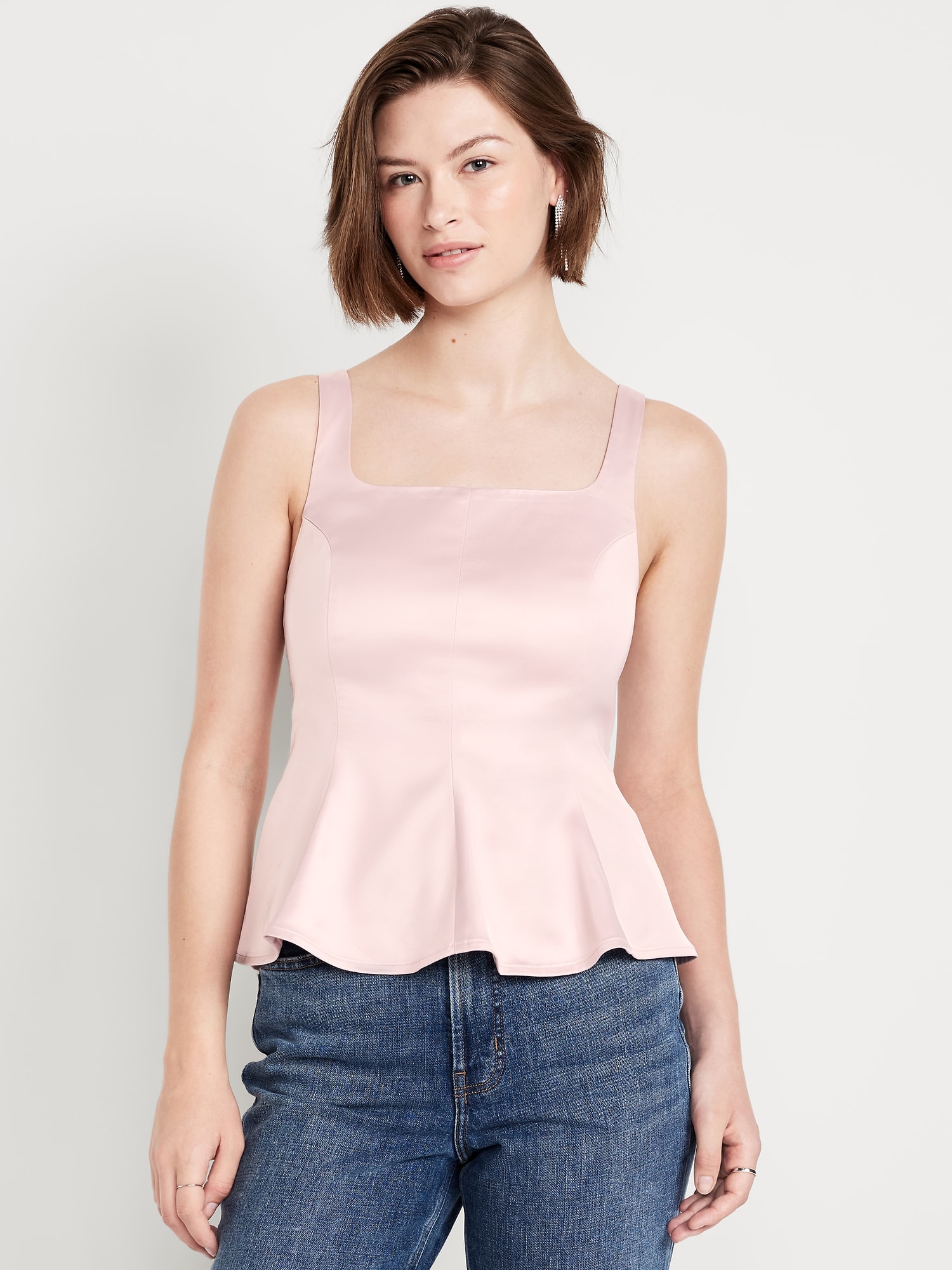 Square-Neck Satin Peplum Top
