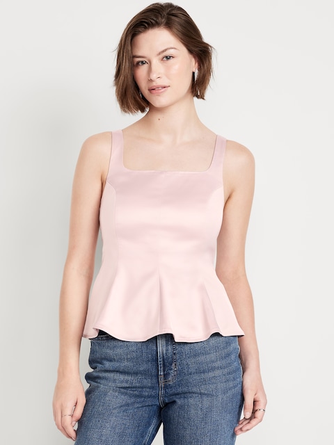 Square-Neck Satin Peplum Top
