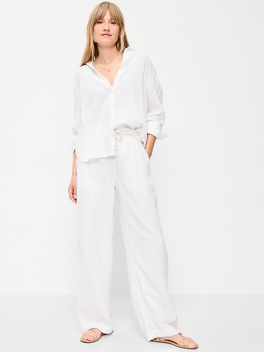 Image number 1 showing, High-Waisted Crinkle Gauze Wide-Leg Barrel Pants