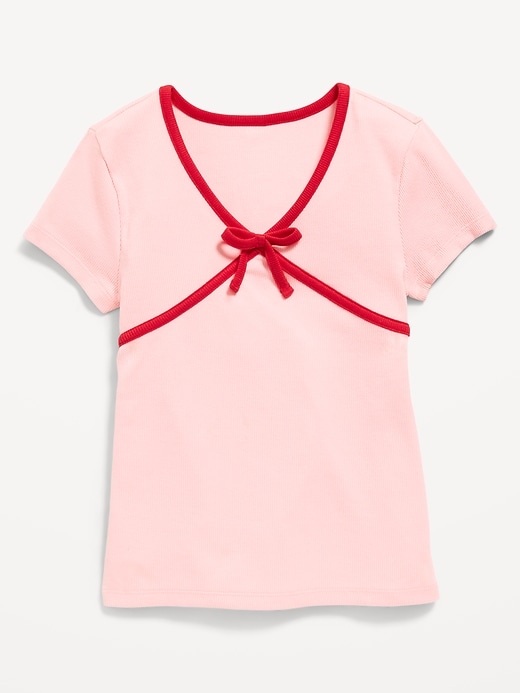 Image number 2 showing, Fitted Short-Sleeve Ribbed Bow Top for Girls