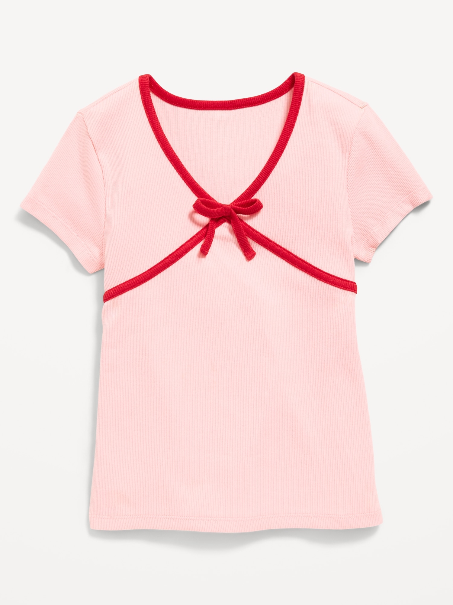 Fitted Short-Sleeve Ribbed Bow Top for Girls
