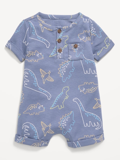 Printed Ribbed Henley Pocket One-Piece Romper for Baby