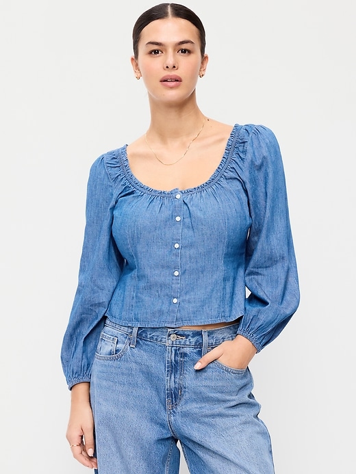 Image number 4 showing, Long-Sleeve Button-Down Jean Top