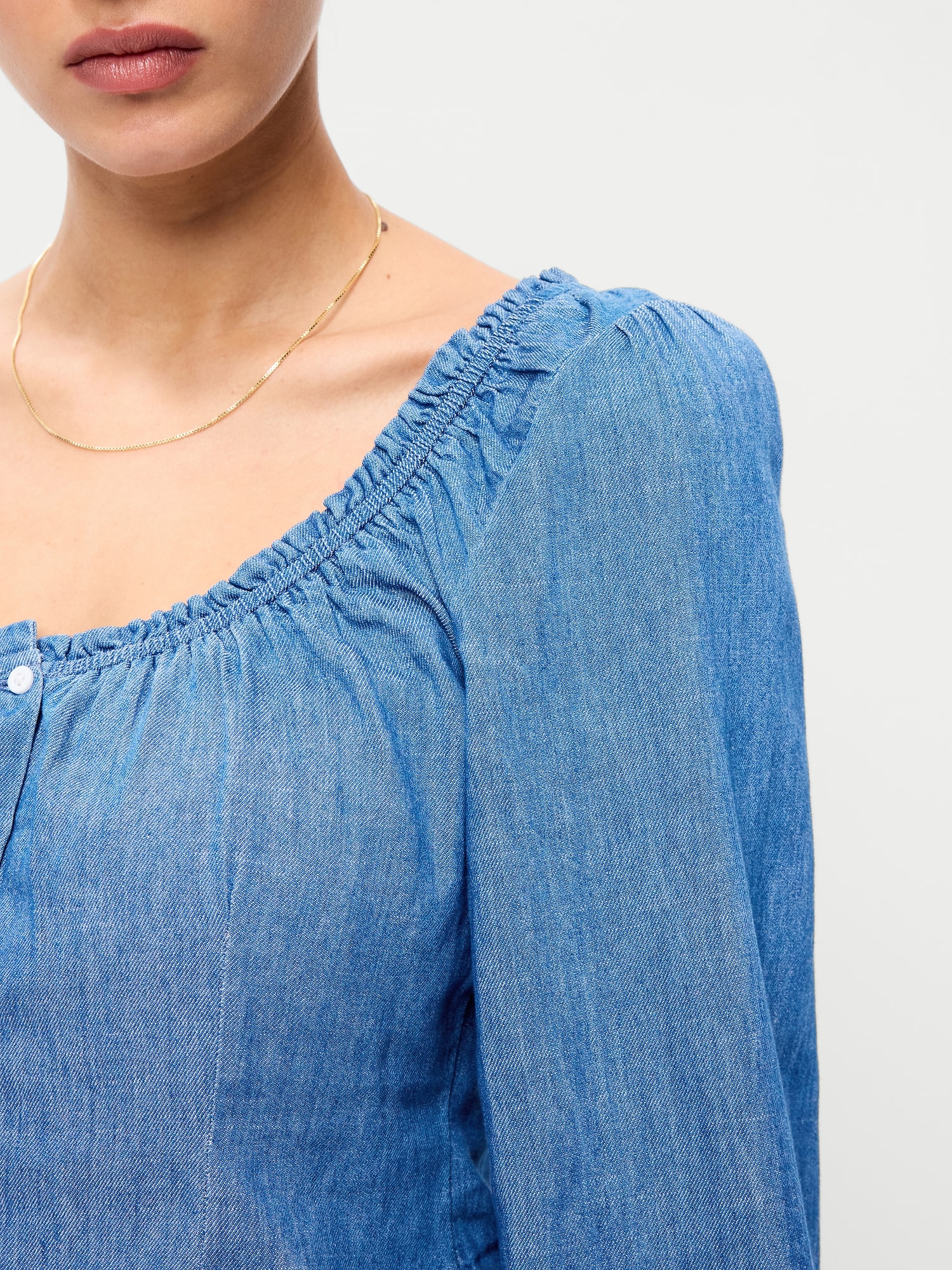 Long-Sleeve Button-Down Jean Top