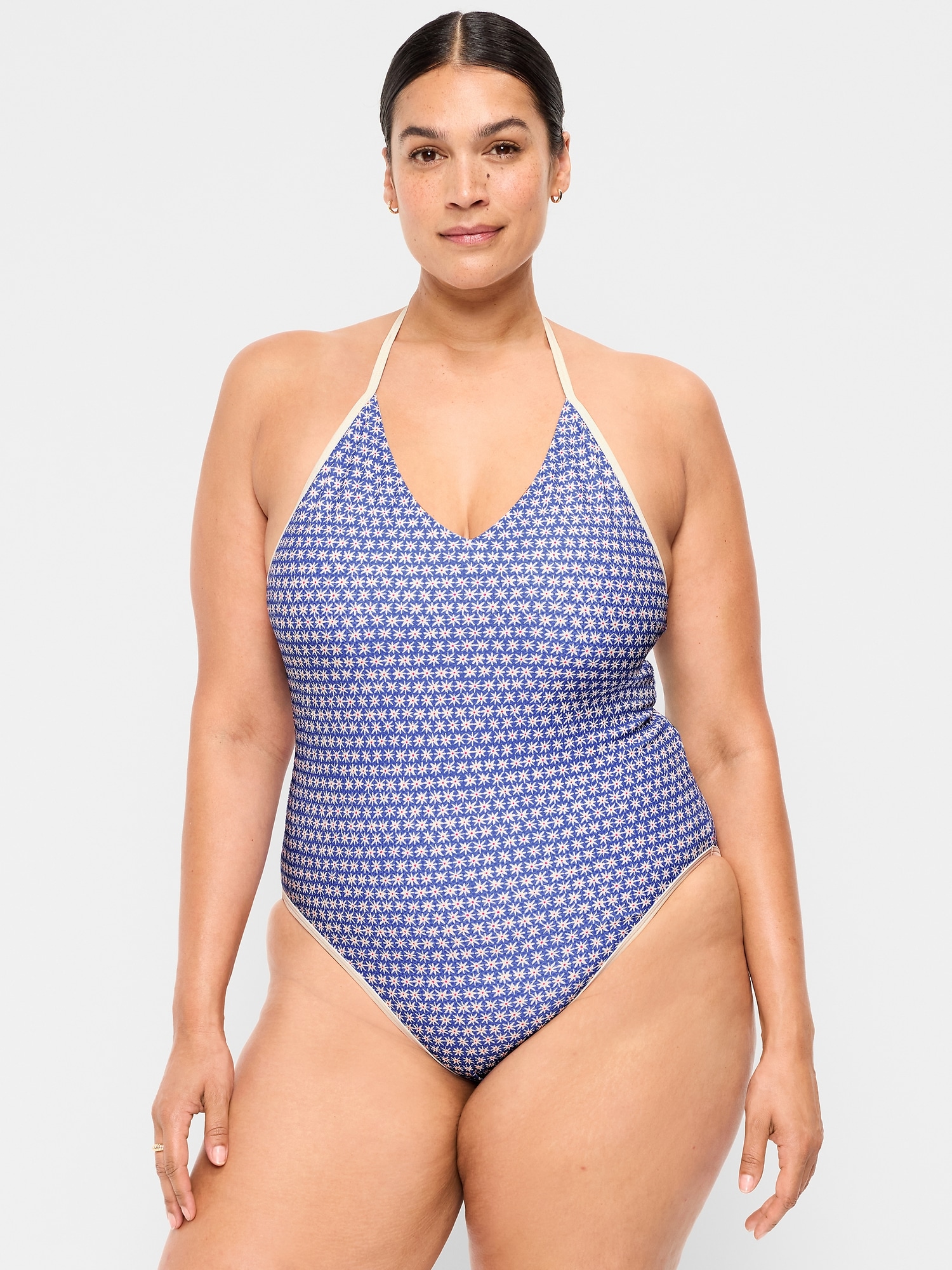 Pique V-Neck Halter Swimsuit