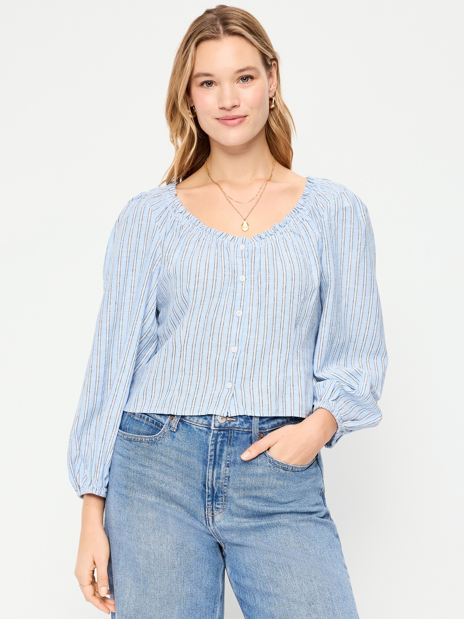 Женский топ Old Navy Long-Sleeve Button-Down Top, цвет: Синий полосатый — фото 5