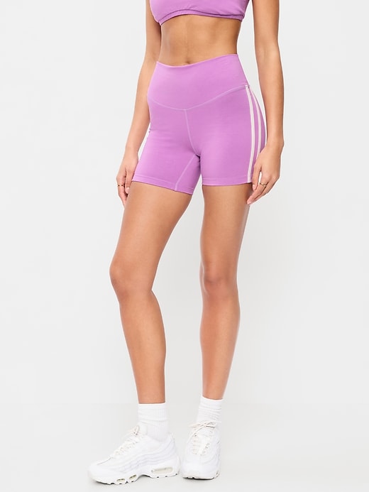 Image number 1 showing, High-Waisted PowerChill Side-Stripe Biker Shorts -- 5-inch inseam