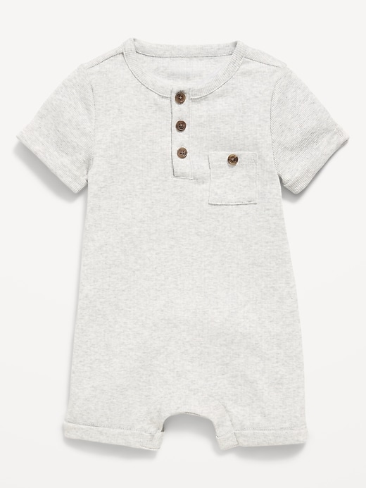 Image number 1 showing, Short-Sleeve Ribbed Henley One-Piece Romper for Baby