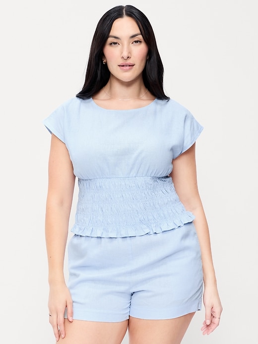 Image number 5 showing, Linen-Blend Short-Sleeve Smocked Top