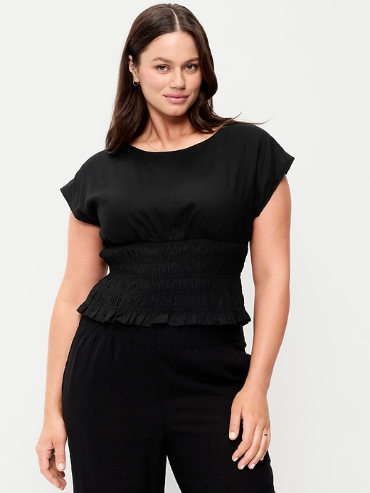 Image number 5 showing, Linen-Blend Short-Sleeve Smocked Top