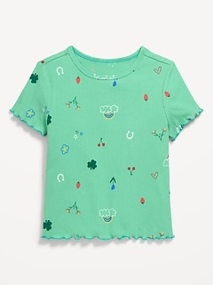 Printed Short-Sleeve Lettuce-Edge T-Shirt for Toddler Girls