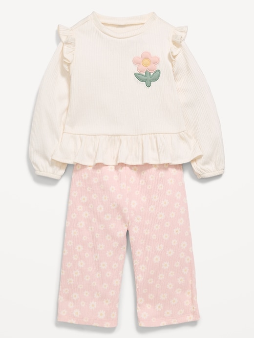 Image number 1 showing, Long-Sleeve Ruffled Top and Wide-Leg Pants Set for Baby