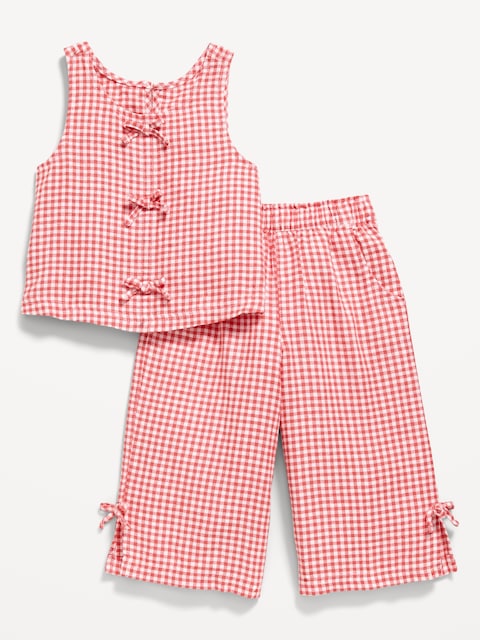Sleeveless Linen-Blend Bow Top and Pants Set for Toddler Girls