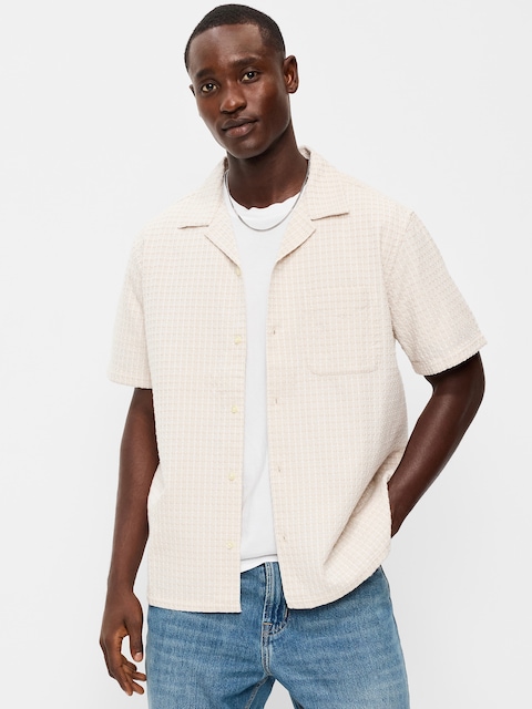 Short-Sleeve Textured Jacquard Camp Shirt