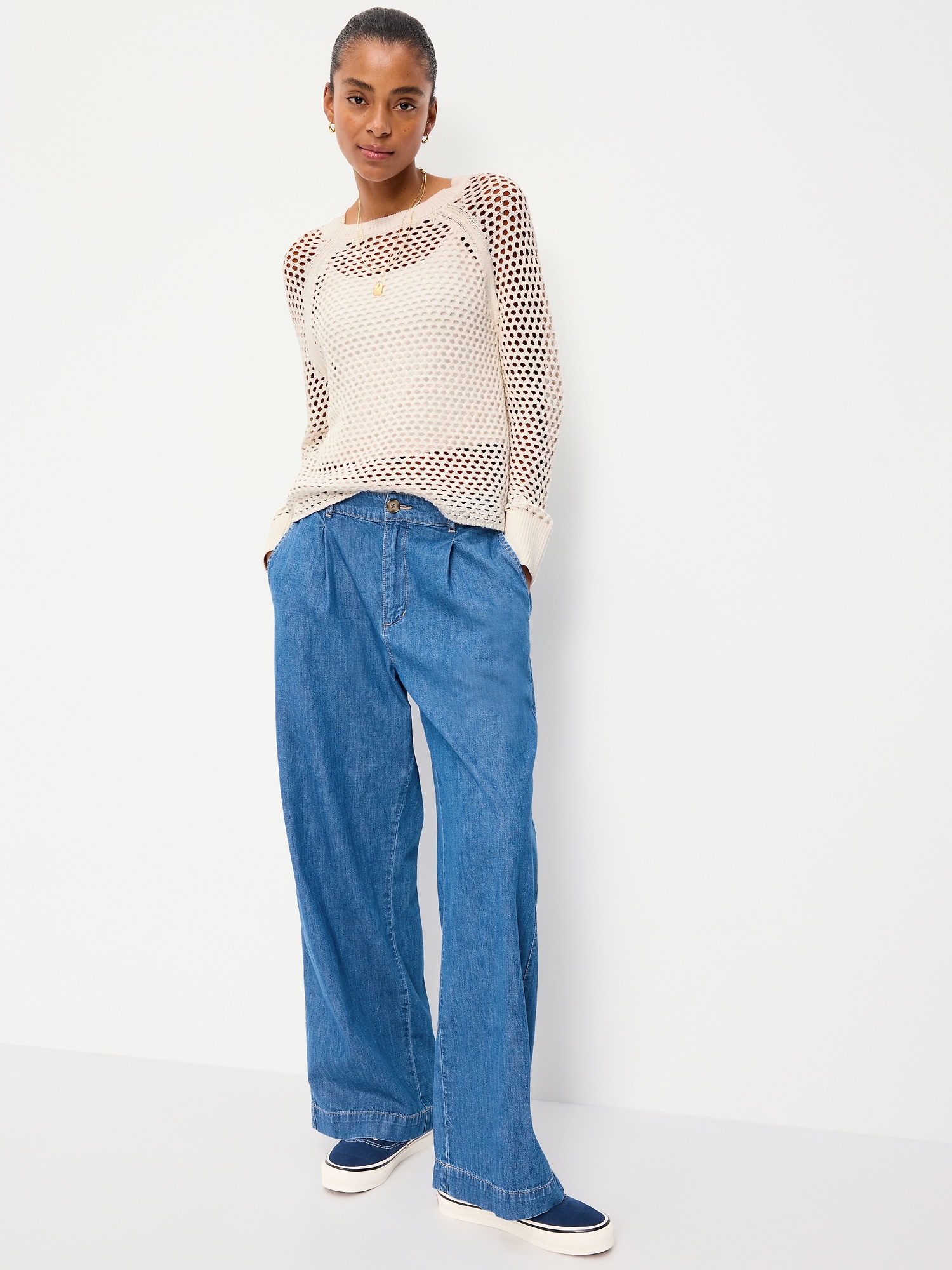 Seaside Cotton Open-Knit Raglan Sweater