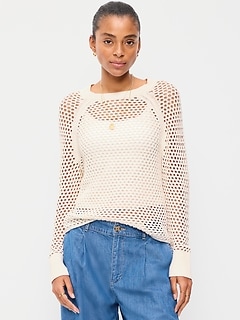 Seaside Cotton Open-Knit Raglan Sweater