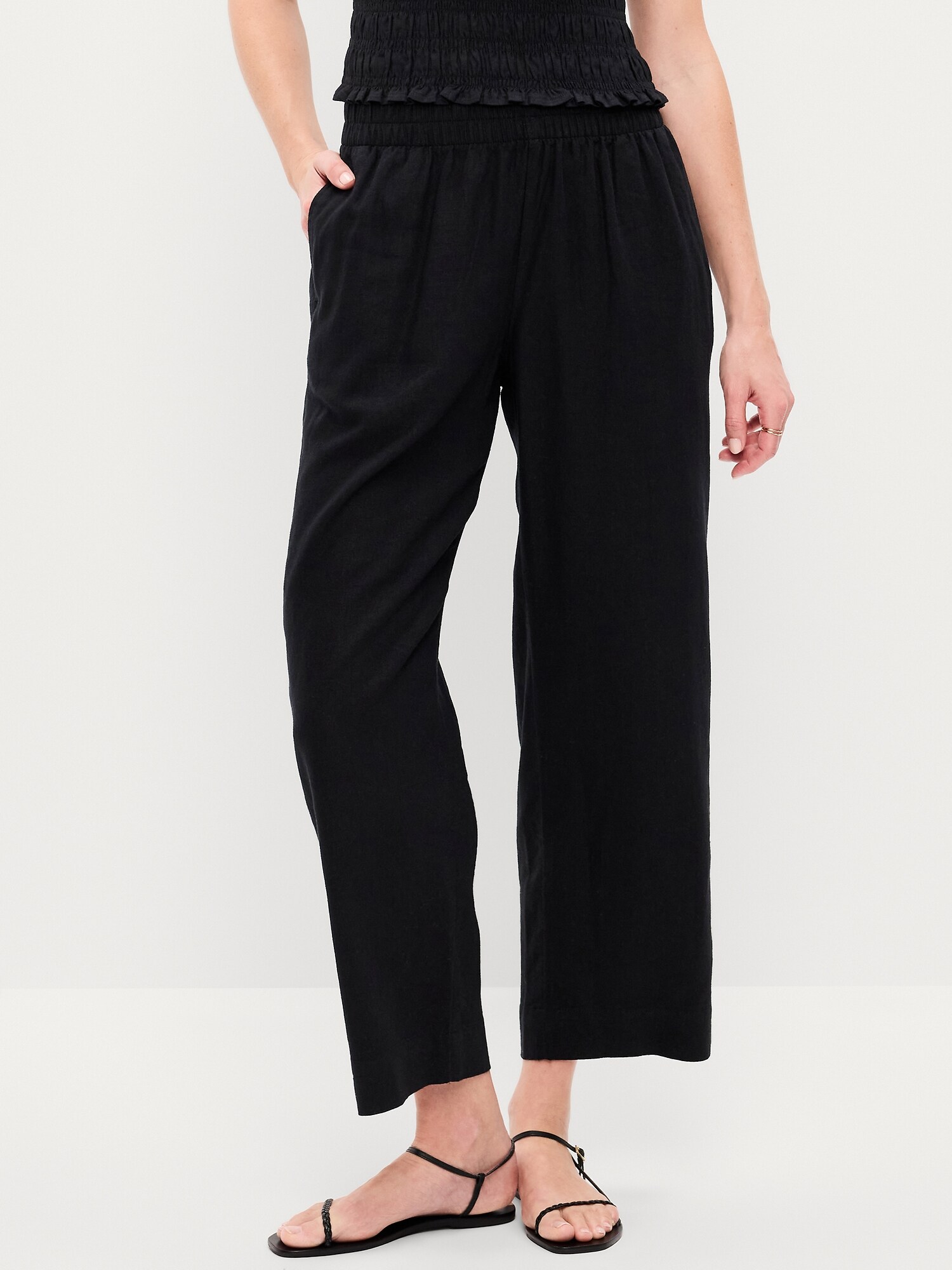Женские брюки Old Navy High-Waisted Linen-Blend Straight Ankle, цвет: Чёрный — фото 2