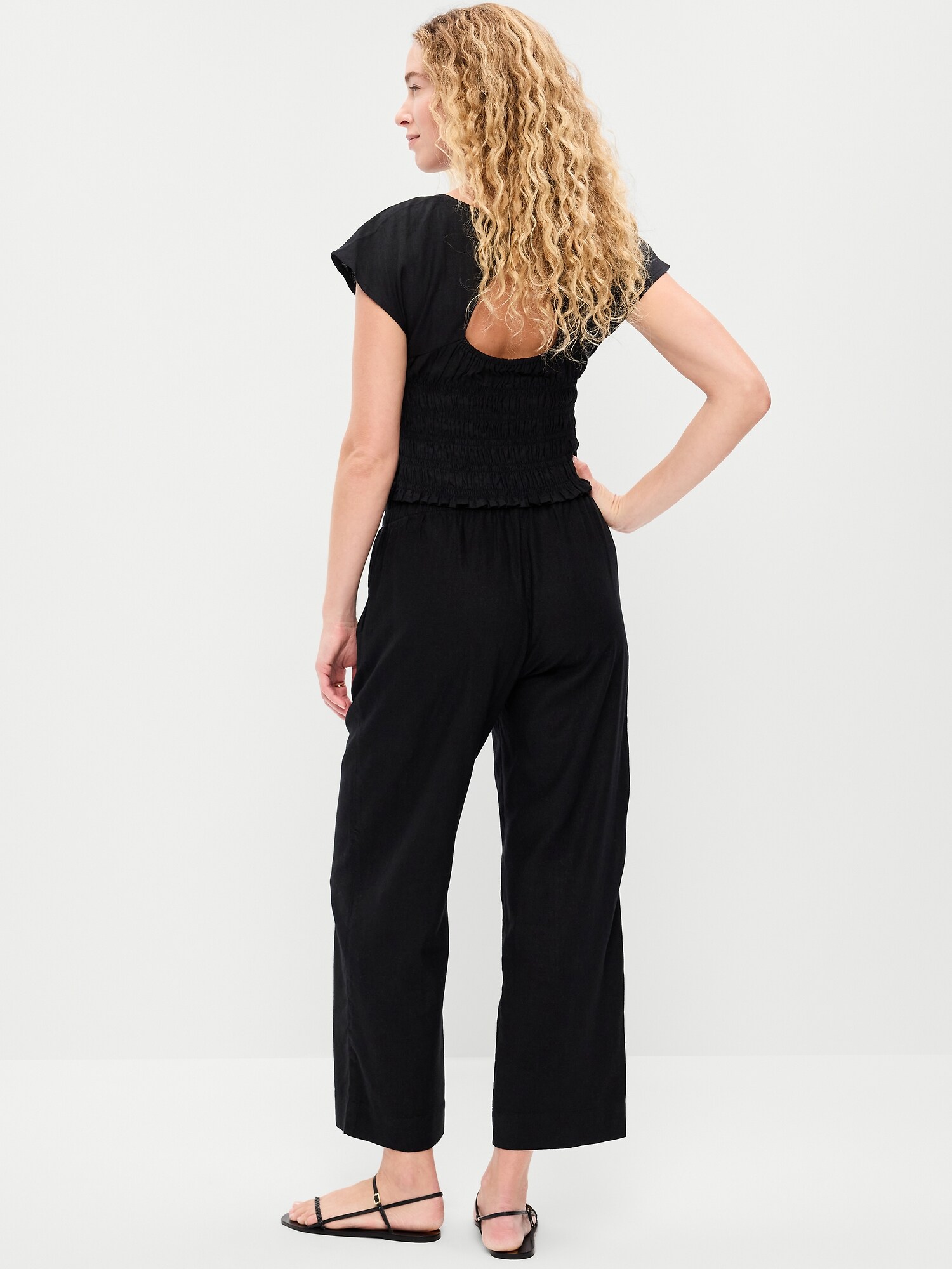 Женские брюки Old Navy High-Waisted Linen-Blend Straight Ankle, цвет: Чёрный — фото 3