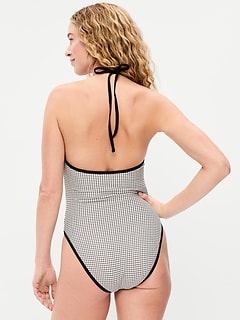 Pique V-Neck Halter Swimsuit