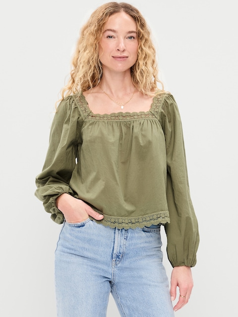 Long-Sleeve Lace Trim Top