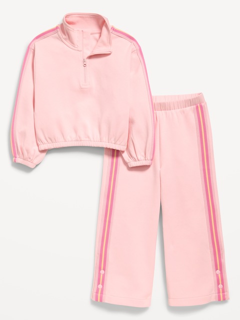 Dynamic Fleece Quarter-Zip and Wide-Leg Sweatpants Set for Toddler Girls