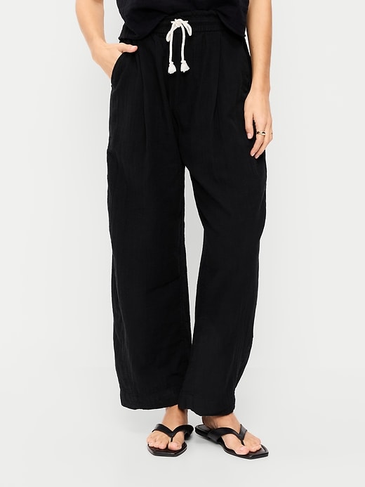 Image number 2 showing, High-Waisted Crinkle Gauze Wide-Leg Barrel Pants