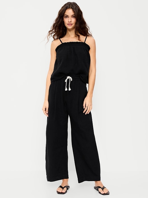 Image number 1 showing, High-Waisted Crinkle Gauze Wide-Leg Barrel Pants