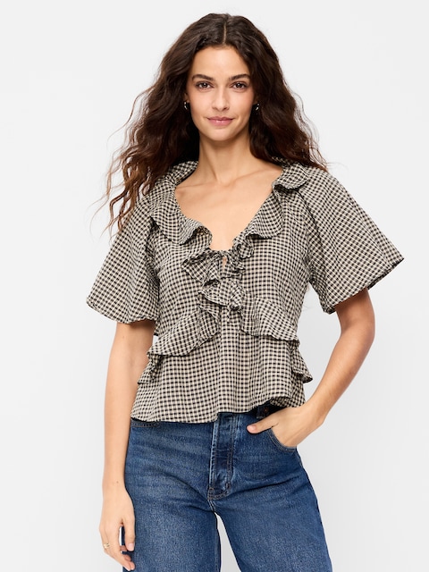Satin Ruffle Tie-Front Top