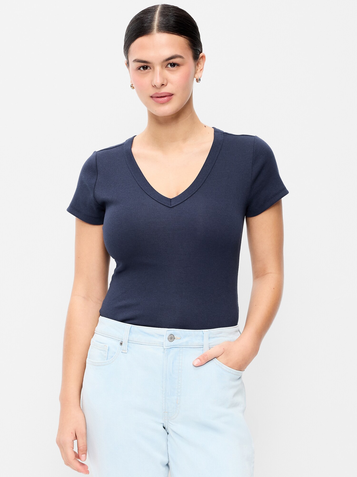 Женская футболка Old Navy Snug Crop V-Neck Ribbed, цвет: Arctic Depth — фото 5