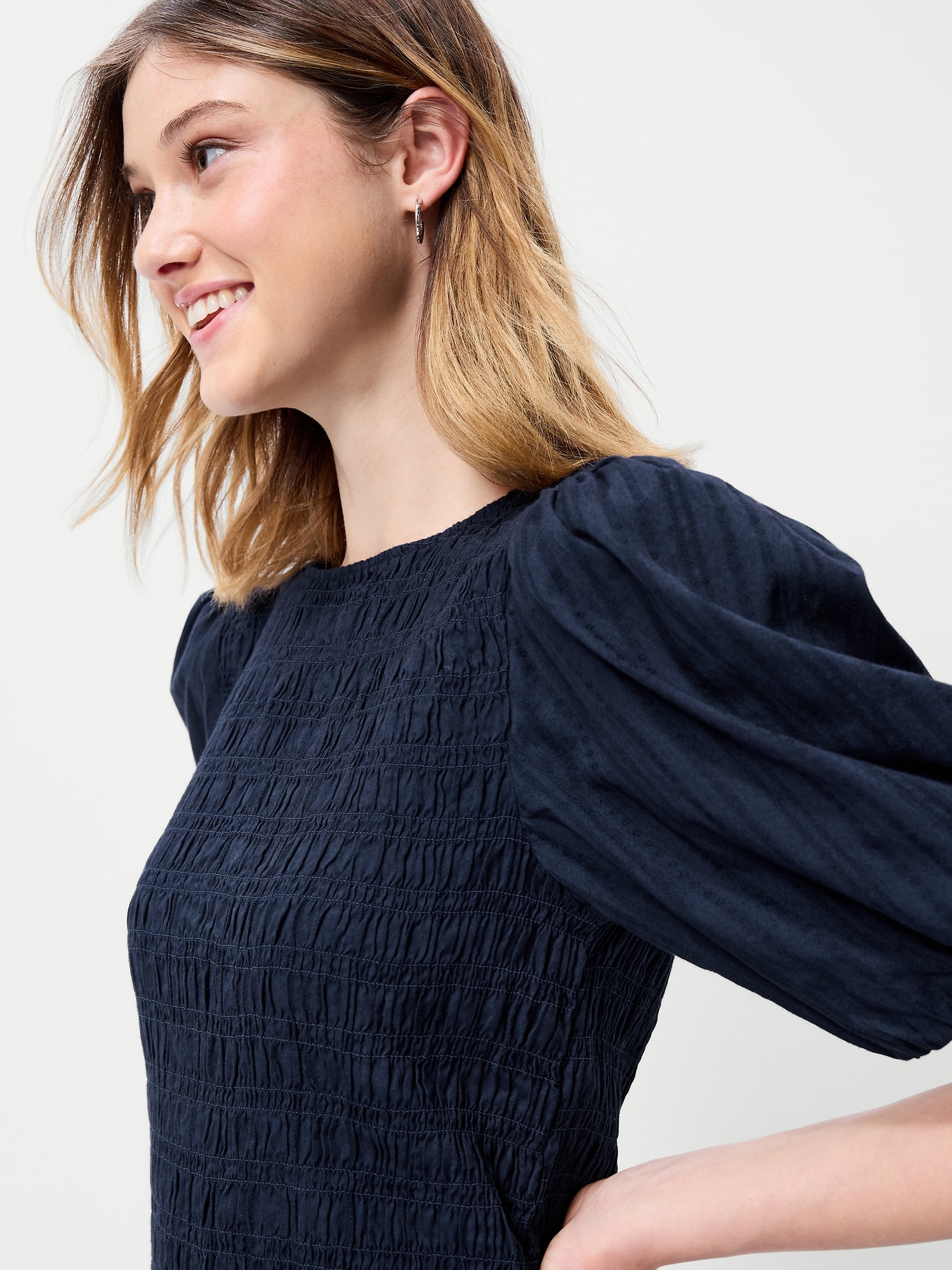 Smocked Puff-Sleeve Flare Mini Dress