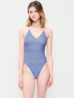 Pique V-Neck Halter Swimsuit