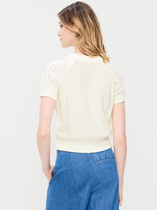 Image number 2 showing, Seaside Cotton Short-Sleeve Cable-Knit Cropped Sweater