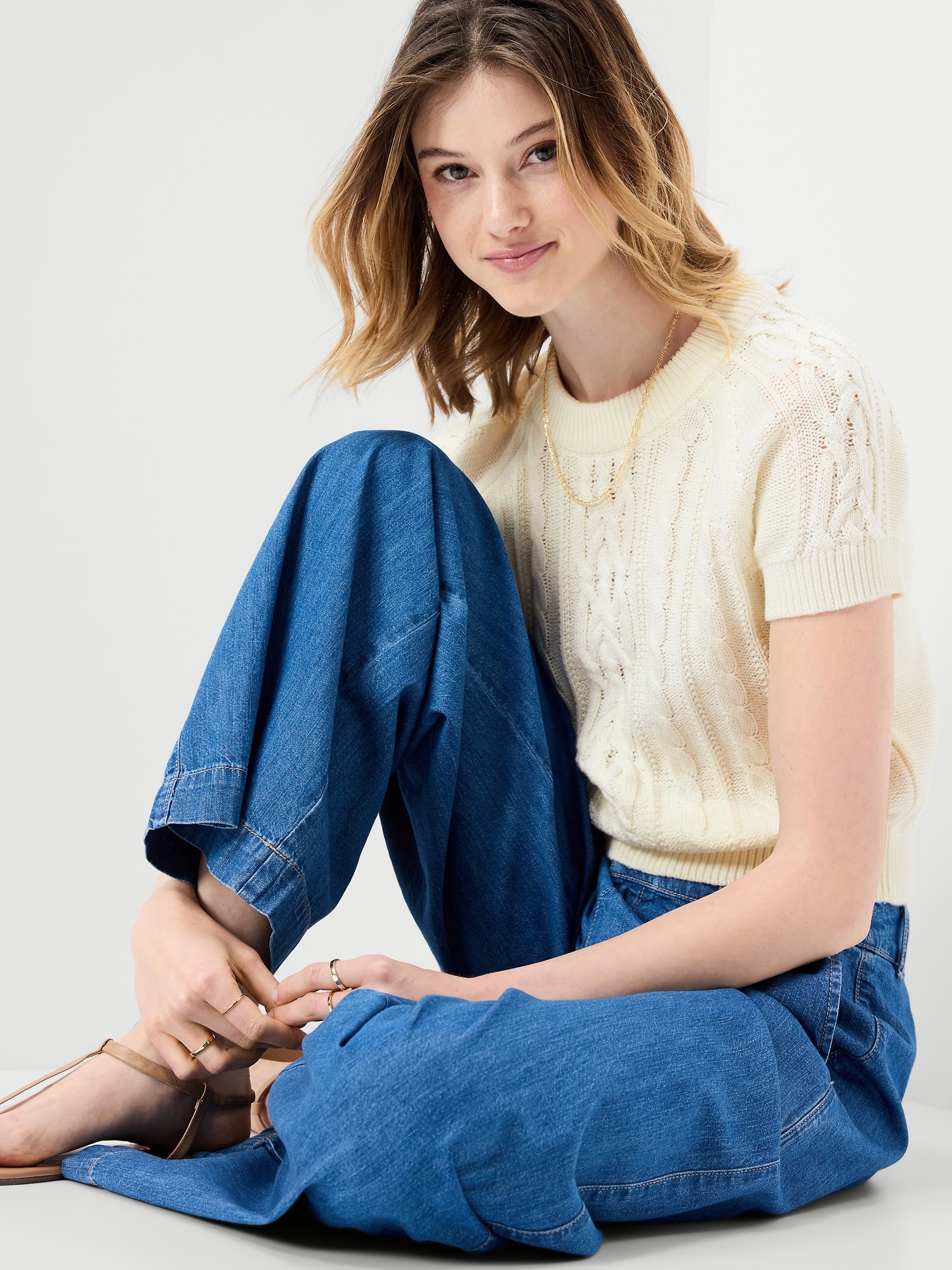 Seaside Cotton Short-Sleeve Cable-Knit Cropped Sweater