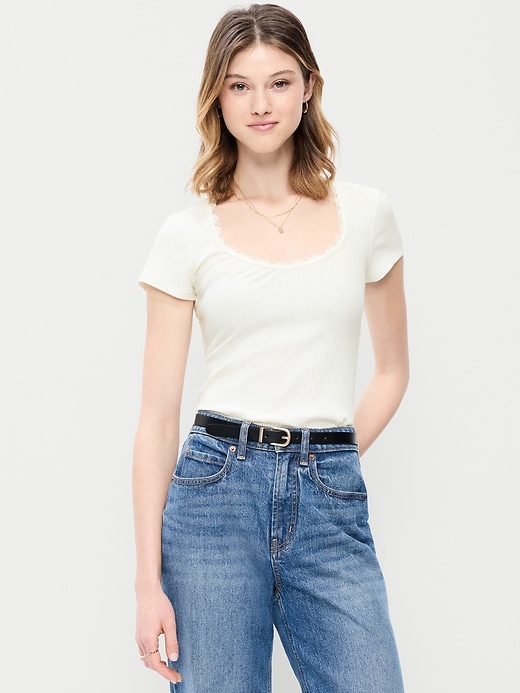 Image number 1 showing, Lace-Trim Sweetheart-Neck Ribbed Top