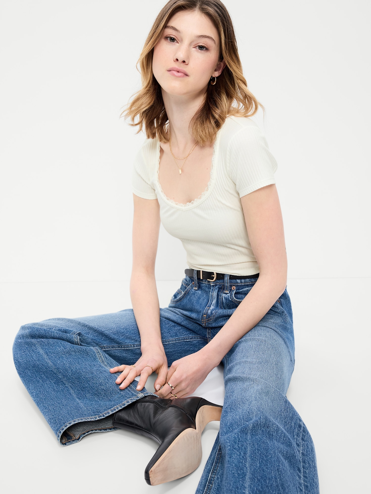 Lace-Trim Sweetheart-Neck Ribbed Top