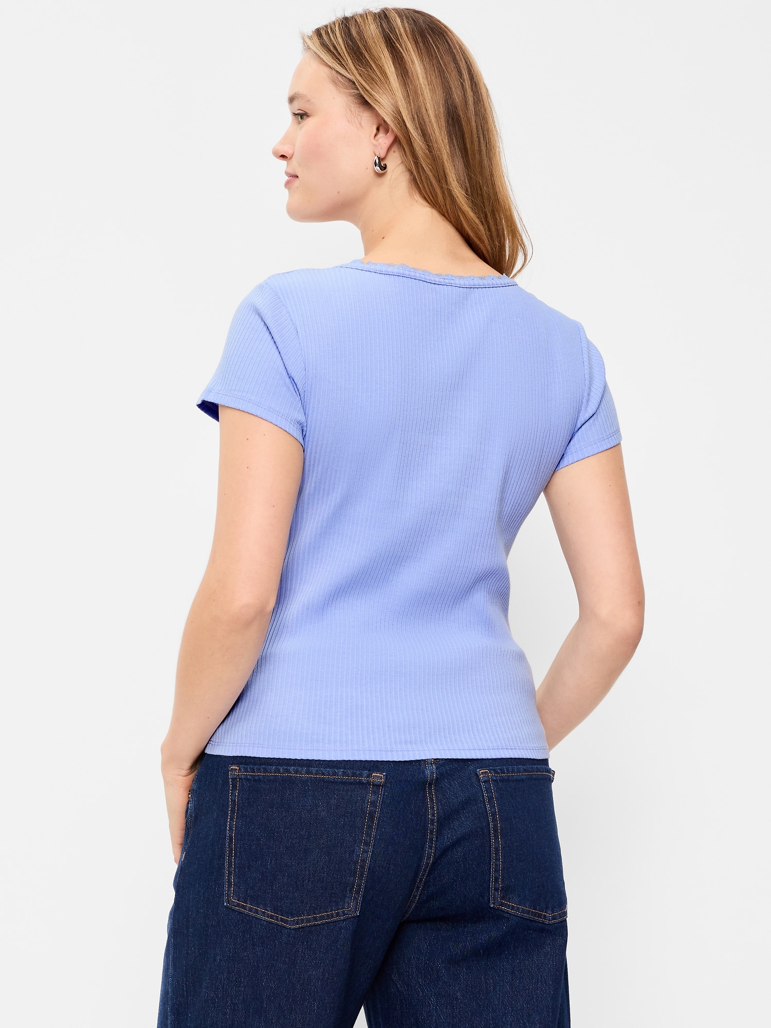 Lace-Trim Sweetheart-Neck Ribbed Top