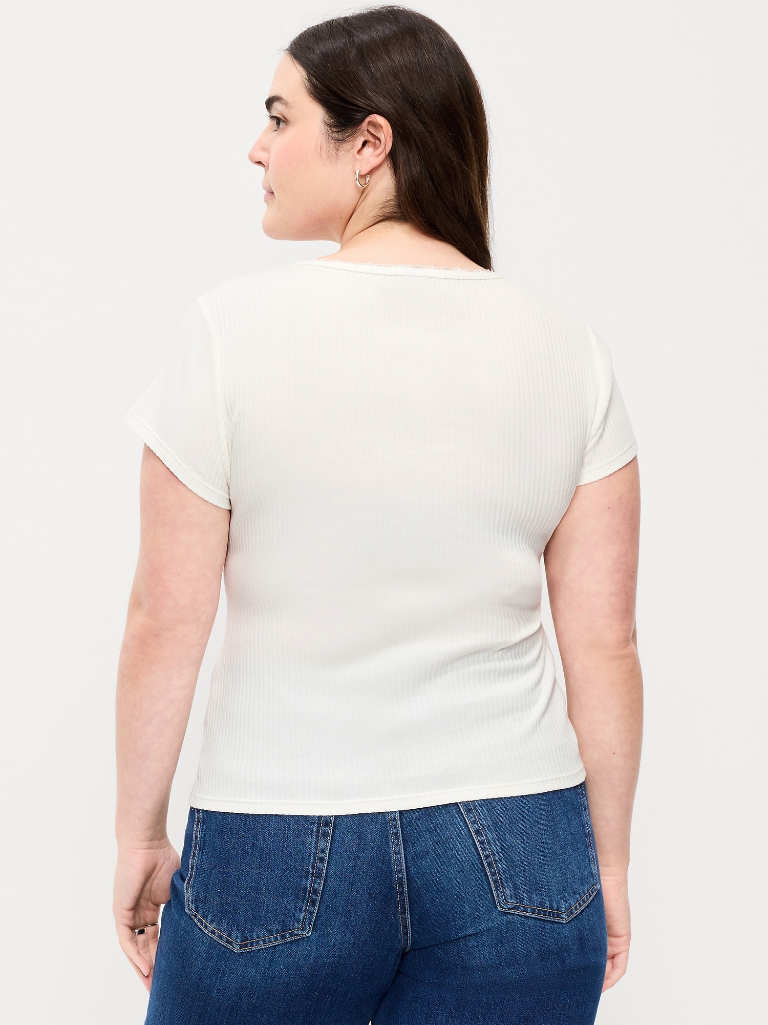 Lace-Trim Sweetheart-Neck Ribbed Top