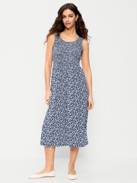 Fit & Flare Sleeveless Smocked-Bodice Midi Dress