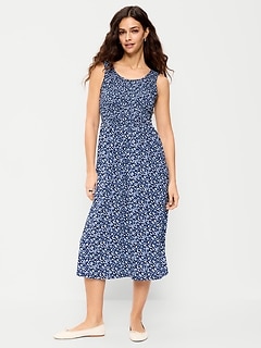 Fit & Flare Sleeveless Smocked-Bodice Midi Dress