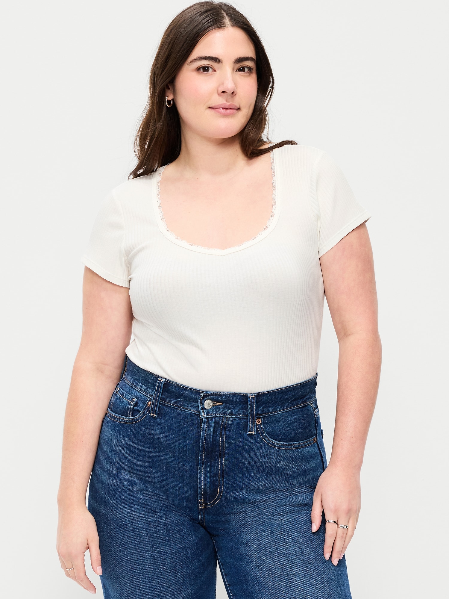 Lace-Trim Sweetheart-Neck Ribbed Top