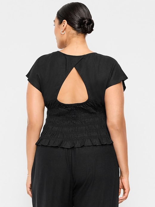Image number 8 showing, Linen-Blend Short-Sleeve Smocked Top