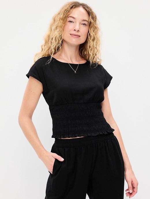Image number 1 showing, Linen-Blend Short-Sleeve Smocked Top