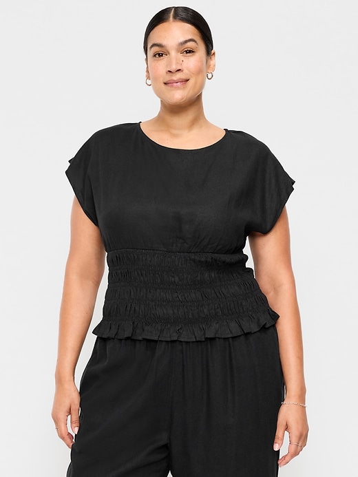 Image number 7 showing, Linen-Blend Short-Sleeve Smocked Top