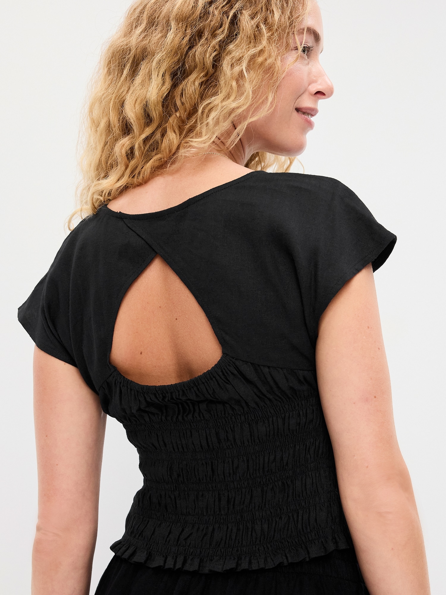 Linen-Blend Short-Sleeve Smocked Top